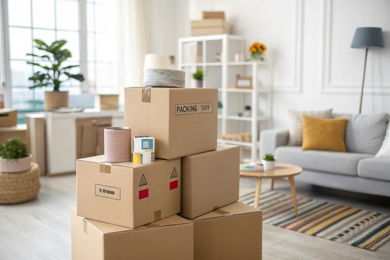 Cartons de déménagement empilés