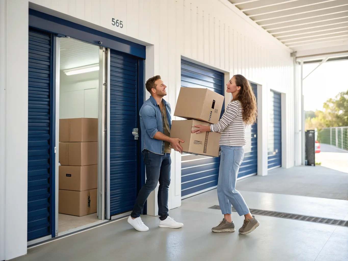 Couple rangeant des cartons dans un box Prospace